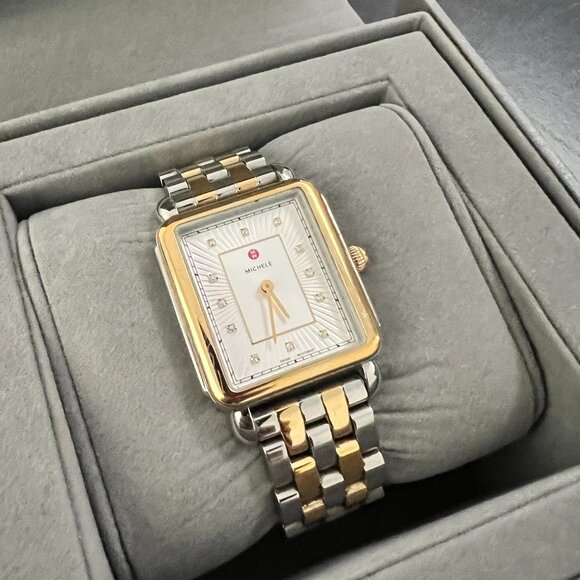MICHELE Watch Deco Mid Diamond Dial Bracelet Watch Two-tone Gold Silver - Picture 6 of 9